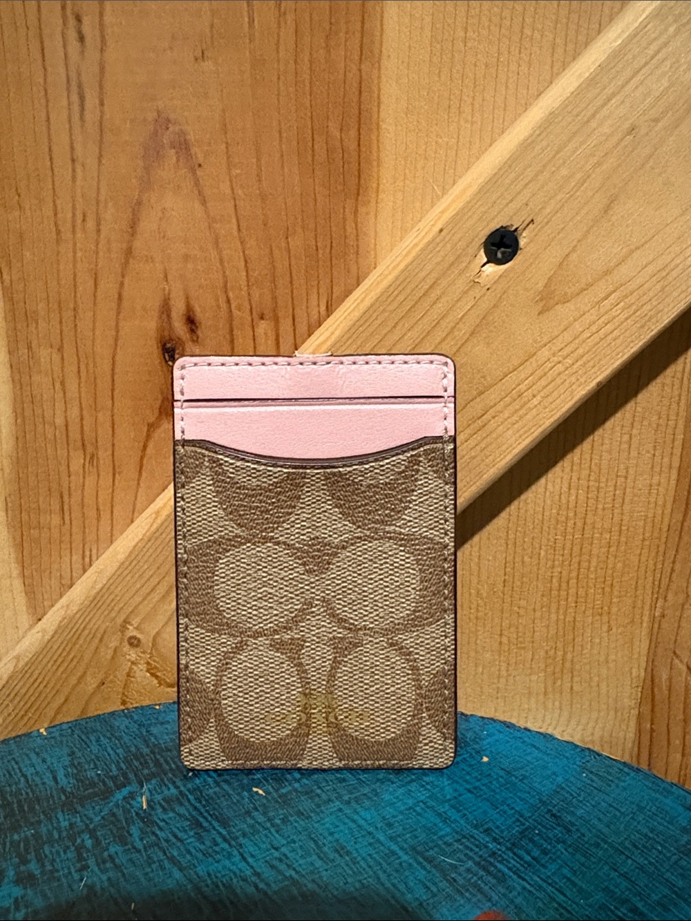 Coach Brown Signature Canvas Card Holder with Pink Trim
